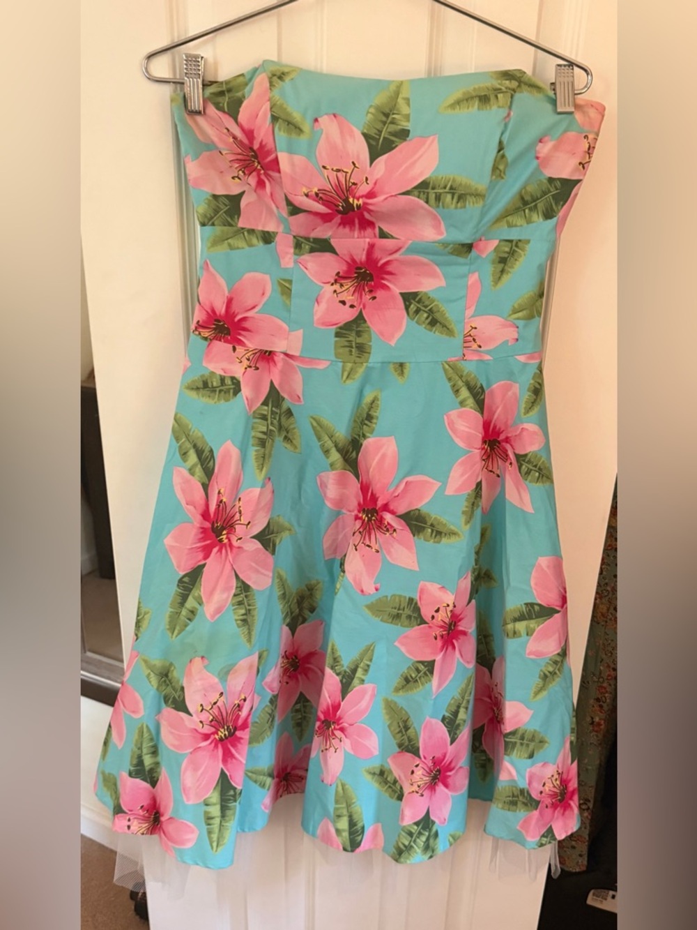 B Darlin Aqua Strapless Floral Fit-and-Flare Dress with Pink Blossoms